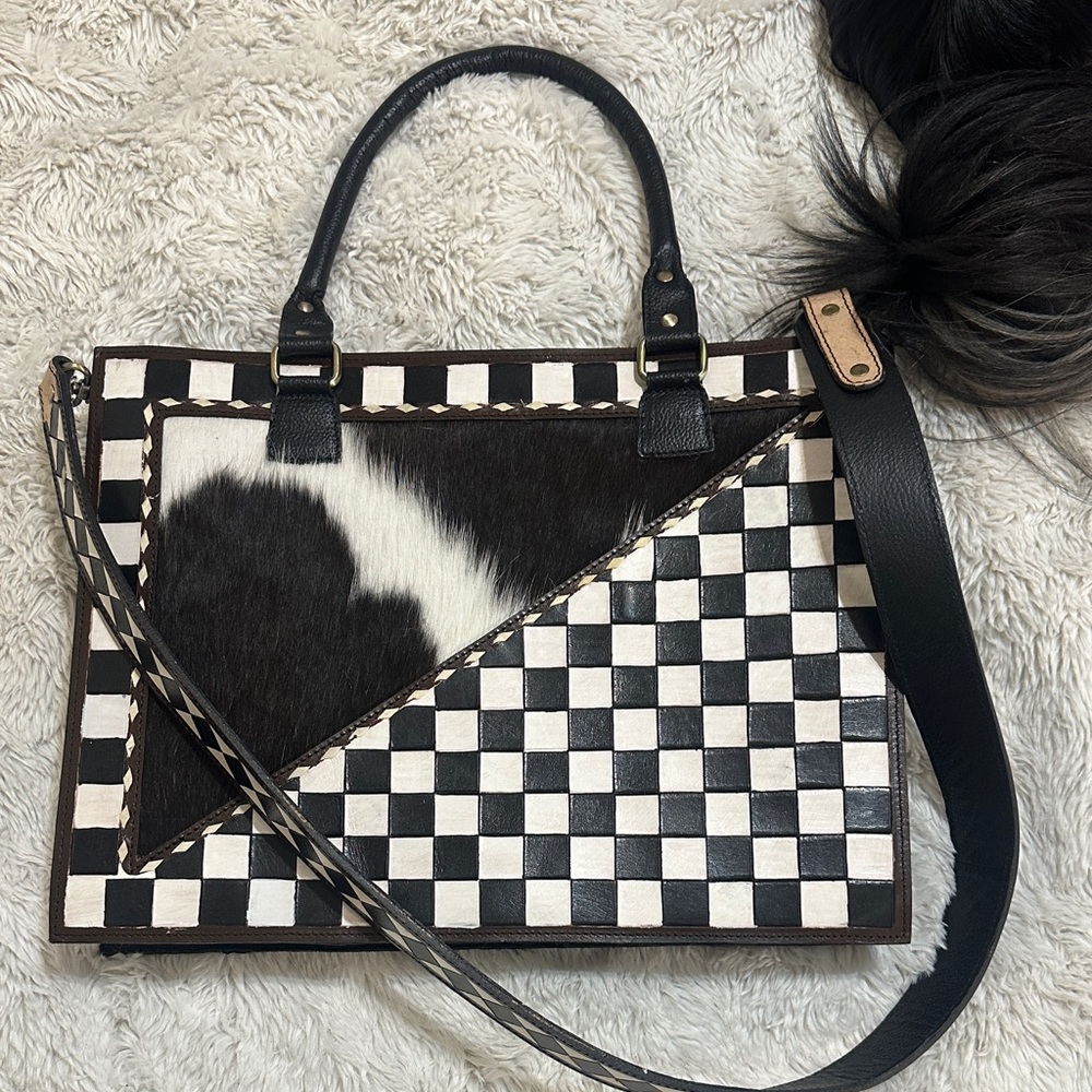 GORGEOUS Black & White Checkerboard Leather Tote with Haircalf Accent